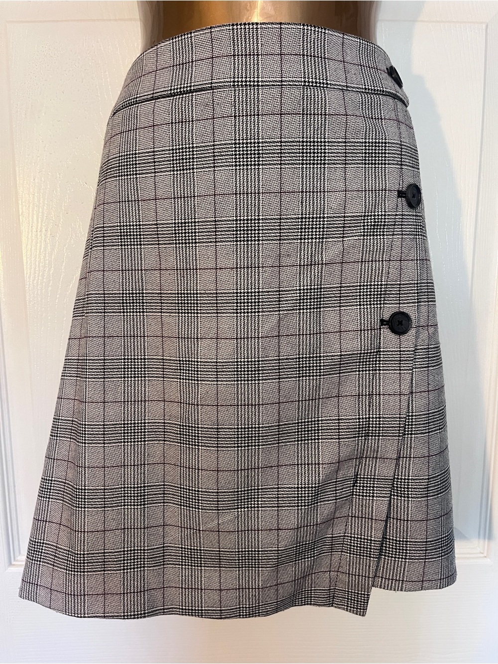 LOFT Black and White Plaid Mini Skirt with Side Buttons